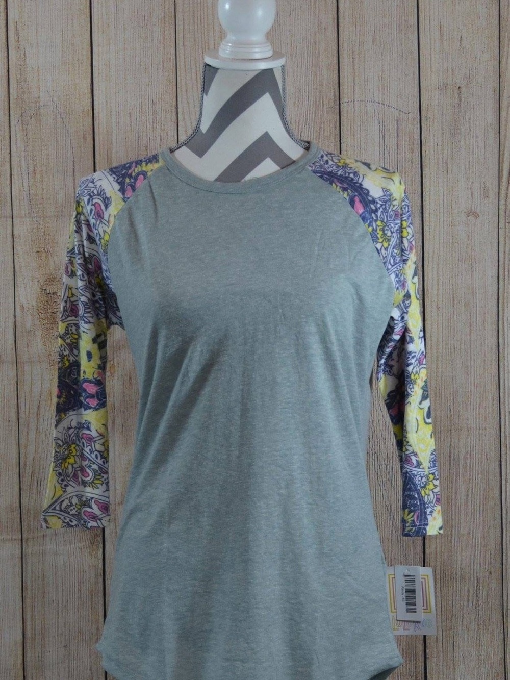 LuLaRoe Randy Top Heather Gray Raglan with Yellow & Purple Sleeves